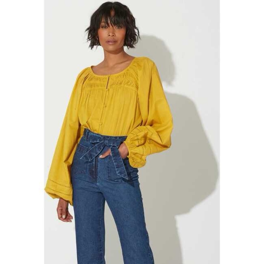 Cleobella Nerea Cotton Blouse in Citrine Yellow Balloon Sleeves Size Medium
